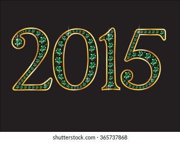2015 in stunning emerald precious round jewels set into a 2-level gold gradient channel setting, isolated on black. Vector EPS-10 file, transparency used. 