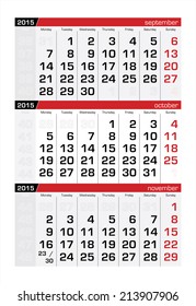 2015 Three-Month Calendar October