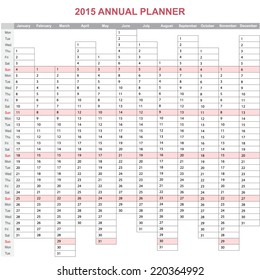 2015 year annual planner. European calendar