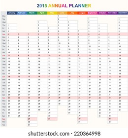 2015 year annual planner. European calendar