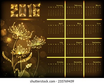 2015 year calendar, decorated with beautiful and shiny floral design.