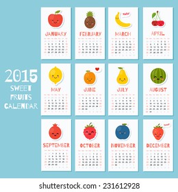 2015 year  calendar with funny cartoon fruits (week starts on Sunday)