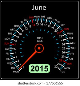 2015 year calendar speedometer car in vector. June.