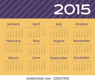 2015 year calendar template. Editable vector illustration.