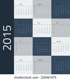 2015 year calendar.  Weeks start on Sunday.