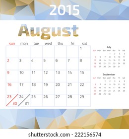 2015 year calendar.  Weeks start on Sunday.