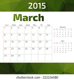 2015 year calendar.  Weeks start on Sunday.