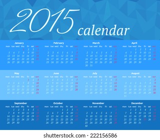 2015 year calendar.  Weeks start on Sunday.