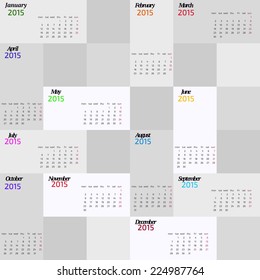 2015 year calendar.  Weeks start on Monday.