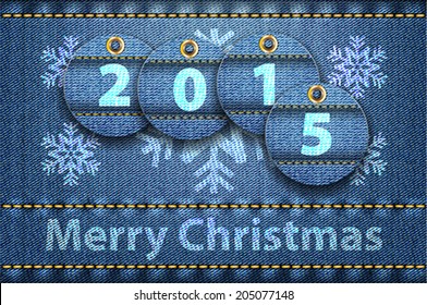 2015 year digits and Merry Christmas greetings on blue jeans background. Vector illustration