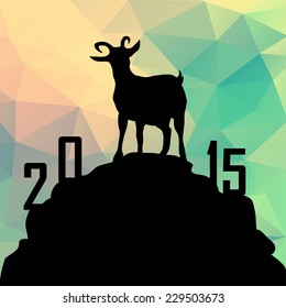 2015 year of the goat, greeting card with polygonal background, vector illustration