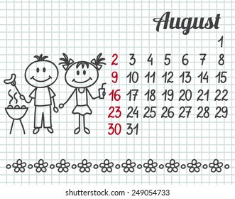 2015 year hand-drawn calendar (week starts on Sunday). August.