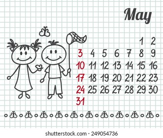 2015 year hand-drawn calendar (week starts on Sunday). May.