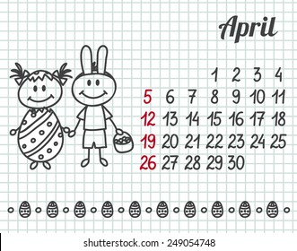 2015 year hand-drawn calendar (week starts on Sunday). April.