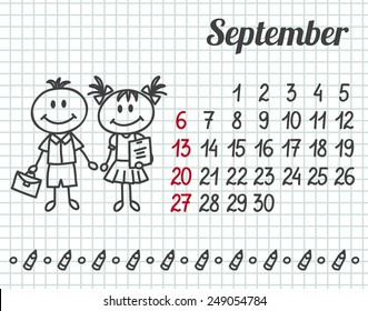 2015 year hand-drawn calendar (week starts on Sunday) September.