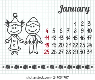 2015 year hand-drawn calendar (week starts on Sunday). January.