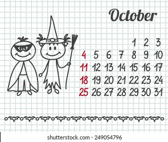 2015 year hand-drawn calendar (week starts on Sunday). October.