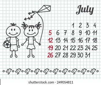 2015 year hand-drawn calendar (week starts on Sunday). July.