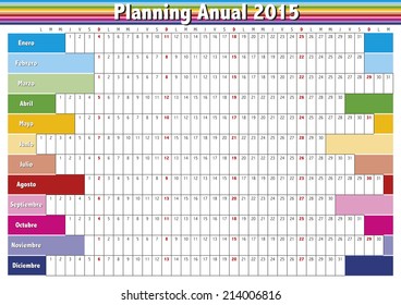 2015 Year planner in spanish. Annual Calendar for year 2015.