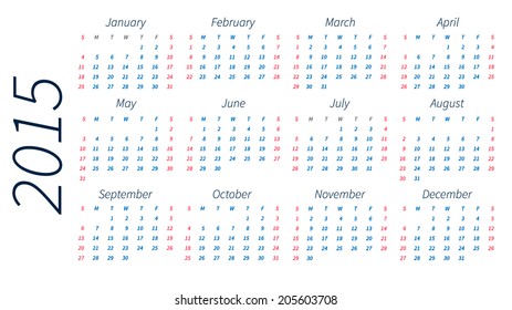 2015 year vector calendar on white background. Simple design. calendar vertical - week starts with Sunday
