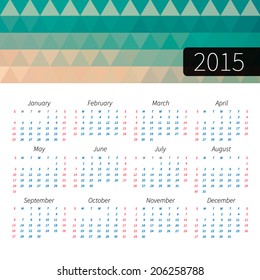 2015 year vector calendar on white background with color picture on top. Simple design. calendar vertical - week starts with Sunday