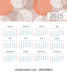 2015 year vector calendar on white background with color picture on top. Simple design. calendar vertical - week starts with Sunday