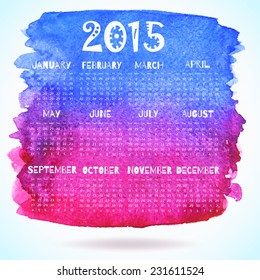 2015 year watercolor colorful calendar (week starts on Sunday)