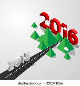 2015-2016 change represents the new year 2016,Vector isometric Road in green valley, mountains, hills, clouds on the sky. Flat design nature illustration.