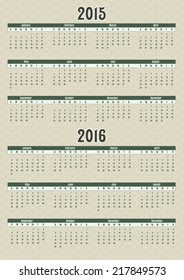 2015-2016 years calendars. Week starts on Sunday.