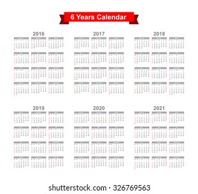 2016 2017 2018 2019 2020 2021 Calendar Black text on a white background  Vector eps10