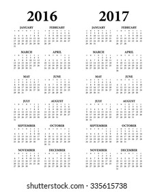  2016, 2017 Calendar.Weeks start on Sunday.