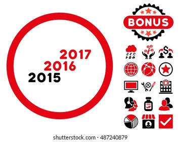 From 2016 to 2017 Years icon with bonus elements. Vector illustration style is flat iconic bicolor symbols, intensive red and black colors, white background.