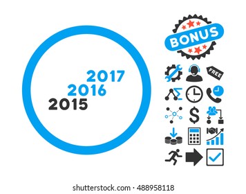 From 2016 to 2017 Years icon with bonus design elements. Vector illustration style is flat iconic bicolor symbols, blue and gray colors, white background.