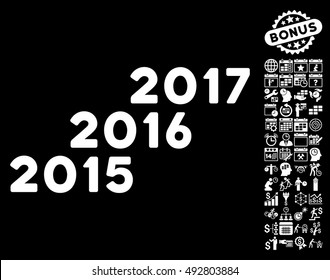 From 2016 to 2017 Years icon with bonus calendar and time management symbols. Vector illustration style is flat iconic symbols, white color, black background.