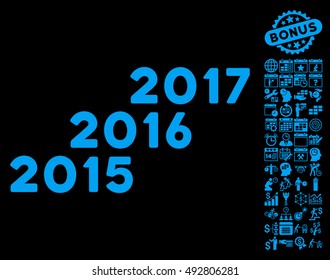 From 2016 to 2017 Years icon with bonus calendar and time management symbols. Vector illustration style is flat iconic symbols, blue color, black background.