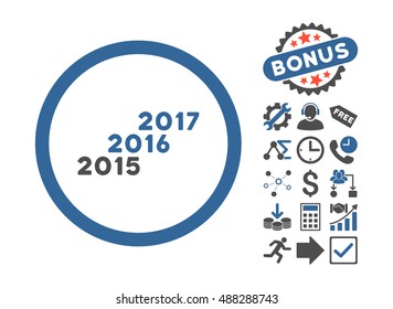 From 2016 to 2017 Years pictograph with bonus pictograph collection. Vector illustration style is flat iconic bicolor symbols, cobalt and gray colors, white background.