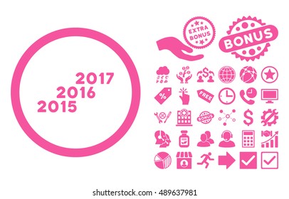 From 2016 to 2017 Years pictograph with bonus pictogram. Vector illustration style is flat iconic symbols, pink color, white background.