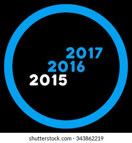 From 2016 To 2017 Years vector icon. Style is bicolor flat circled symbol, blue and white colors, rounded angles, black background.