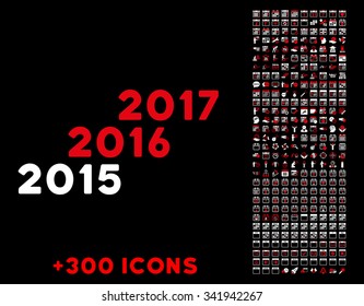 From 2016 To 2017 Years vector pictogram with additional 300 date and time management icons. Style is bicolor flat symbols, red and white colors, rounded angles, black background.