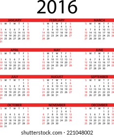 2016 3x4 Calendar - Red