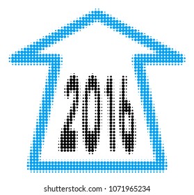 2016 Ahead Arrow halftone vector pictogram. Illustration style is dotted iconic 2016 Ahead Arrow icon symbol on a white background. Halftone texture is circle elements.