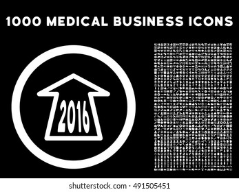 2016 Ahead Arrow icon with 1000 medical business white vector pictograms. Design style is flat symbols, black background.