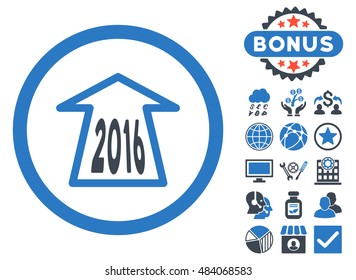 2016 Ahead Arrow icon with bonus symbols. Vector illustration style is flat iconic bicolor symbols, smooth blue colors, white background.