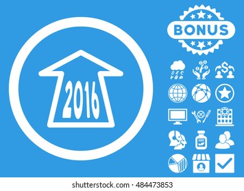 2016 Ahead Arrow icon with bonus design elements. Vector illustration style is flat iconic symbols, white color, blue background.