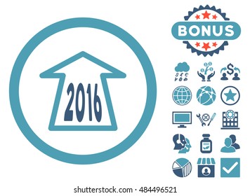 2016 Ahead Arrow icon with bonus pictogram. Vector illustration style is flat iconic bicolor symbols, cyan and blue colors, white background.