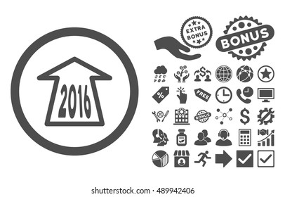 2016 Ahead Arrow icon with bonus pictures. Vector illustration style is flat iconic symbols, gray color, white background.