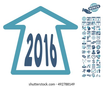 2016 Ahead Arrow icon with bonus calendar and time management symbols. Vector illustration style is flat iconic bicolor symbols, cyan and blue colors, white background.