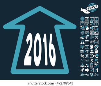 2016 Ahead Arrow icon with bonus calendar and time management graphic icons. Vector illustration style is flat iconic bicolor symbols, blue and white colors, dark blue background.