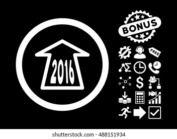 2016 Ahead Arrow pictograph with bonus pictures. Vector illustration style is flat iconic symbols, white color, black background.