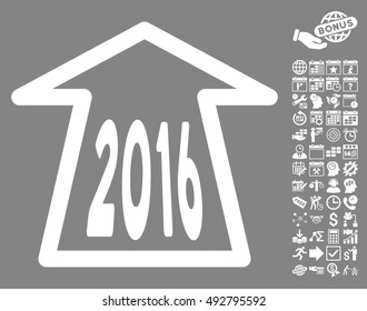 2016 Ahead Arrow pictograph with bonus calendar and time management images. Vector illustration style is flat iconic symbols, white color, gray background.
